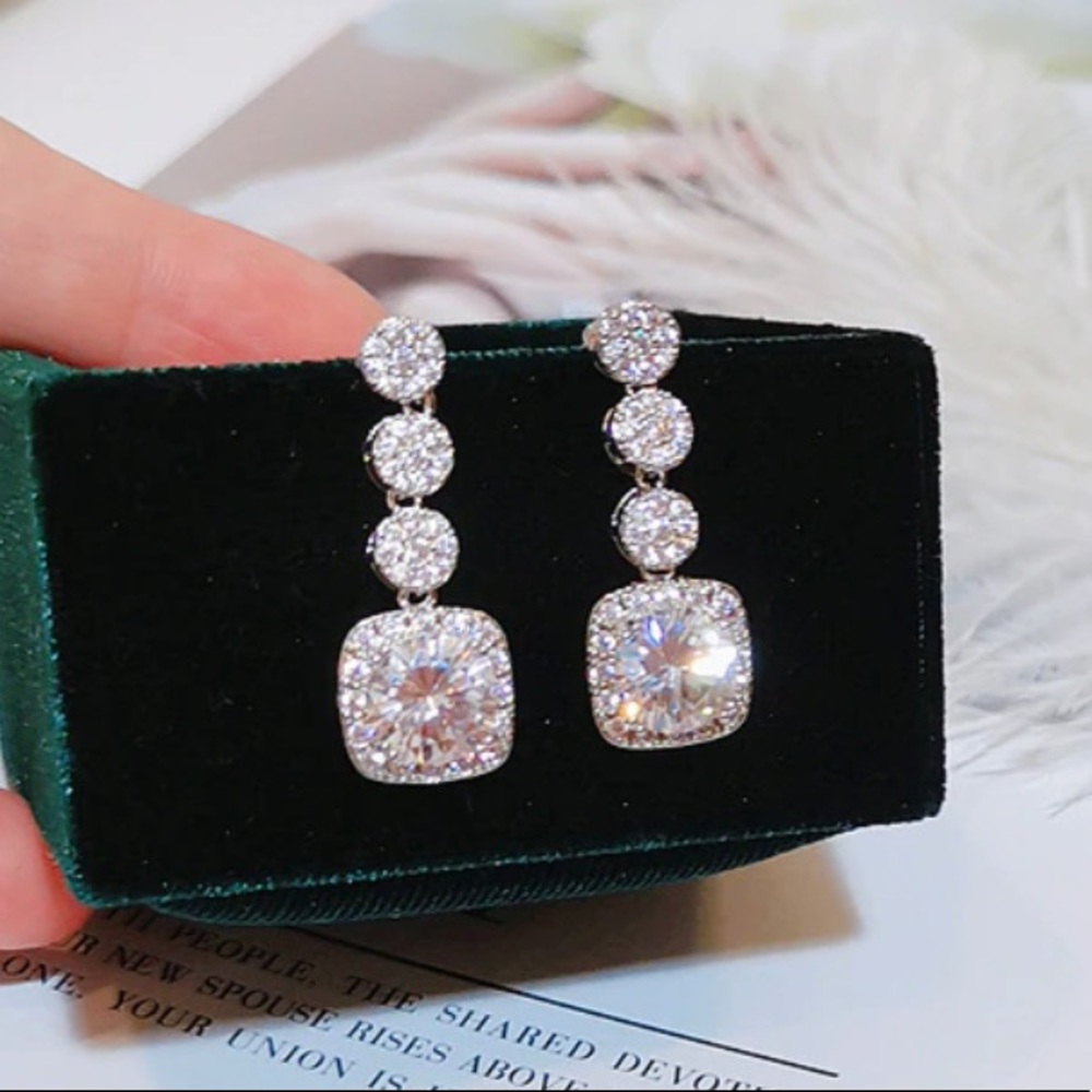 Circle & Square Diamond CZ Drop Dangle Earrings 169 - Picture 1 of 5